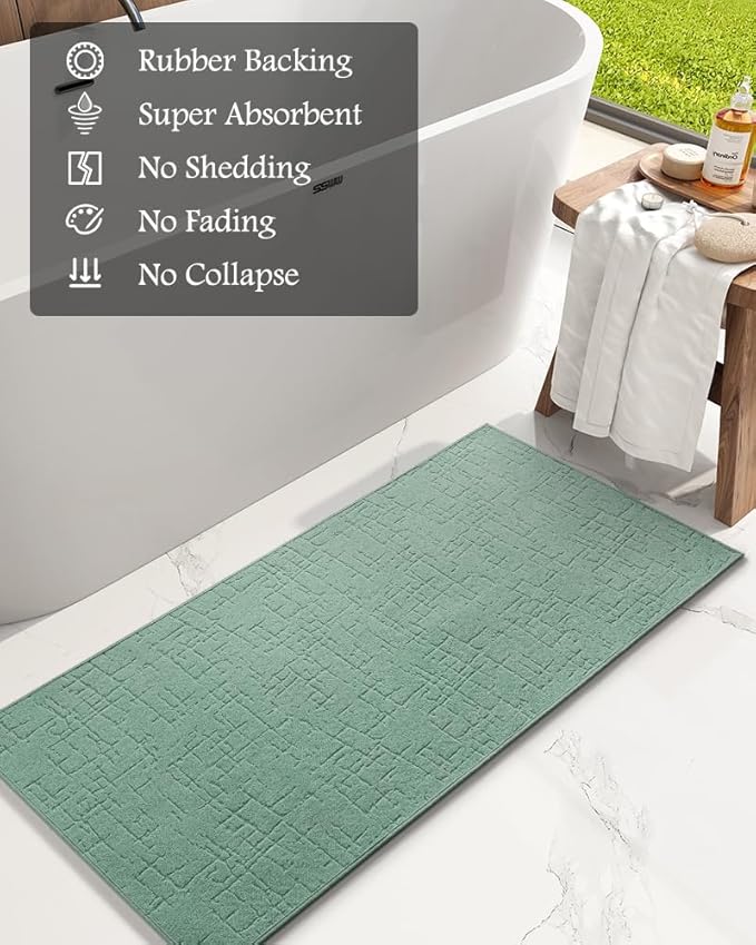 AMOAMI-Bath Mat-Absorbent Quick Dry Bathroom Floor Mats-Washable Rubber Backing Bath Mats for Bathroom Rugs Fit Under Door-Bath Rug for in Front of Sink Bathtub Shower Room, Moss 17''x59''