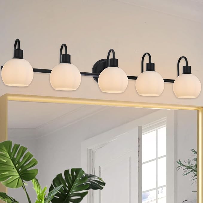 5-Lights Black Bathroom Light Fixture Over Mirror, Modern Milk White Globe Glass Wall Mounted Vanity Lighting E26 Socket for Living Room Kitchen Workshop