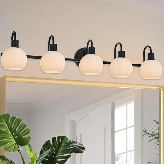 5-Lights Black Bathroom Light Fixture Over Mirror, Modern Milk White Globe Glass Wall Mounted Vanity Lighting E26 Socket for Living Room Kitchen Workshop