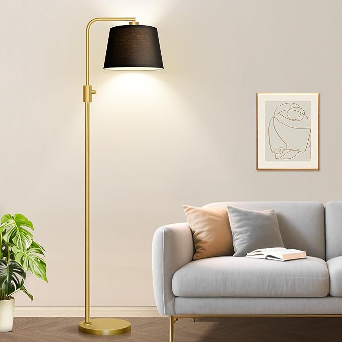 Nintiue Dimmable Gold Floor Lamp, 1000 LM LED Edison Bulb Included, Arc Floor Lamps for Living Room with Black Shade, Modern Standing Lamp Tall Lamps for Living Room Bedroom