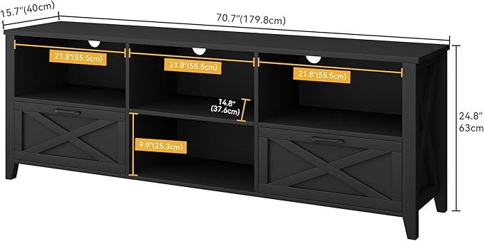 DWVO 70 Inch Farmhouse TV Stand with LED Lighting, Fits TVs up to 80 Inches, Media Console with Storage and Customizable Divider, Entertainment Center for Living Room (Black)