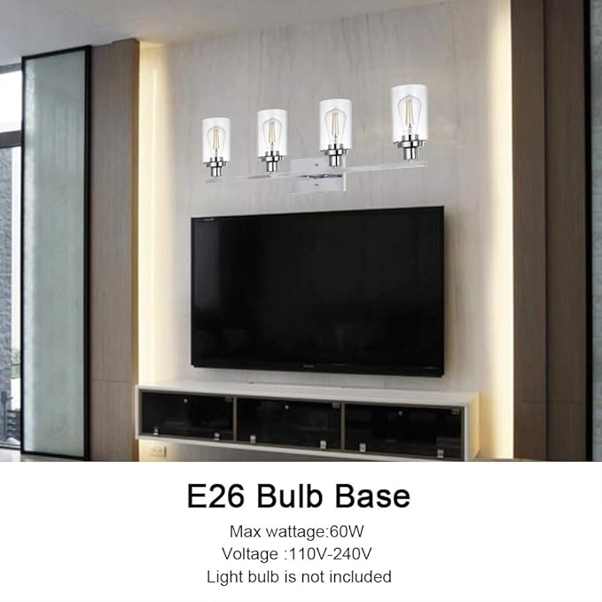 MELUCEE 4-Light Bathroom Lighting Fixtures with Clear Glass Shade Chrome Finish, Modern Vanity Light Wall Mount Lamp for Bedroom Dressing Table Mirror Cabinets Vanity Table (Patent No.: US D963914 S)