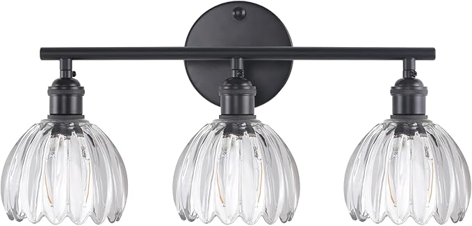 Bathroom Light Fixtures, 3-Light Black Vanity Wall Light Over Mirror with Clear Tulip Glass Shade for Bedroom Living Room