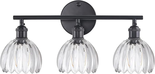 Bathroom Light Fixtures, 3-Light Black Vanity Wall Light Over Mirror with Clear Tulip Glass Shade for Bedroom Living Room