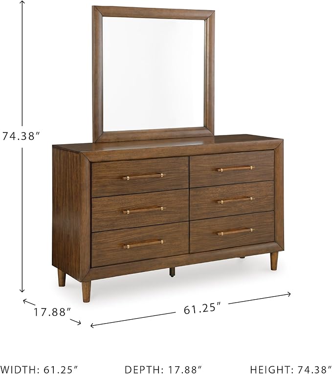 Signature Design by Ashley Lyncott Mid-Century Modern 6-Drawer Dresser and Mirror with Safety Stop and Felt-Lined Top Drawer, Light Brown