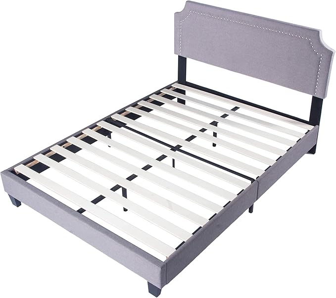 Bed Frame Upholstered Platform with Tufted Head Board Mattress Foundation with Wooden Slats Full/Queen Size for Bedroom School Students Kids Adults Storage Under 500lbs(Grey Fabric, Full)