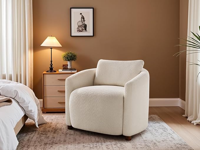 Boucle Accent Barrel Chair Set of 2, Cloud Reading Chair for Living Room & Bedroom, Furry Sherpa Armchair with Cozy Soft Throw Pillow Back, Comfy Upholstered Lounge Chair, Modern Single Sofa Chair
