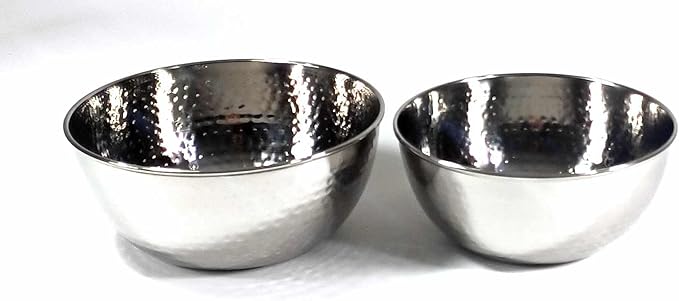 3SCompany Stainless Steel Hand-Hammered Prep and Mix Bowls - Set of 2, 7" and 8" Diameter, Dishwasher Safe, Flat Bottom - 1.5 Quart and 2 Quart Capacity