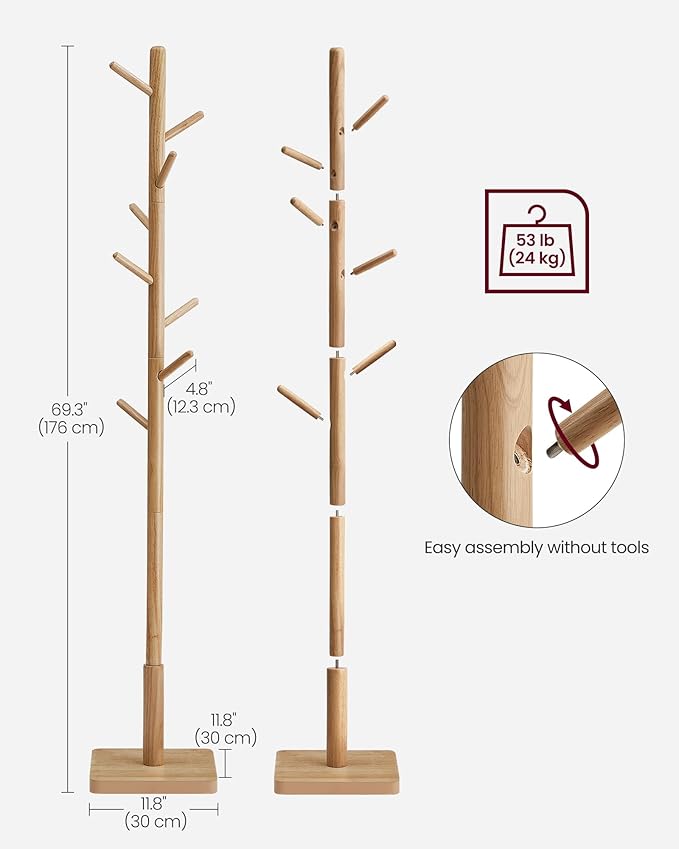 VASAGLE Solid Wood Coat Rack, Free Standing Hall Coat Tree with 8 Hooks, 3 Height Options, for Coats, Hats, Bags, Purses, for Entryway, Hallway, Rubberwood Hooks and Pole, Natural Beige URCR010N01