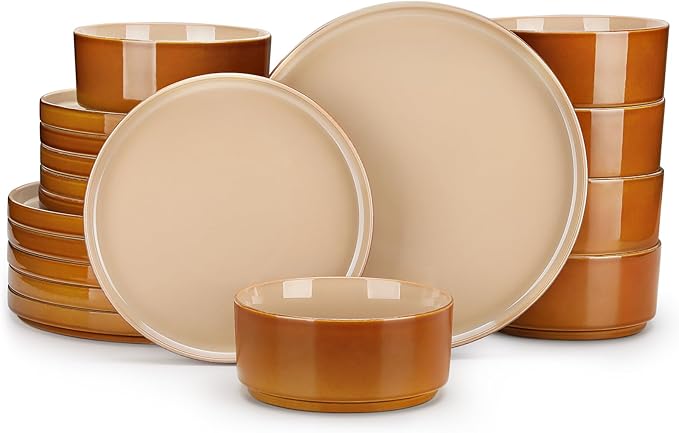 vancasso ONION Ceramic Plates and Bowls Sets, 18 Pieces Brown Dinnerware Sets for Kitchen, Reactive Glaze Dishes Set for 6, Dishwasher and Microwave Safe