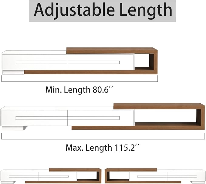 82-115" W Extendable TV Stand for TVs up to 120", Wood Modern Entertainment Center with 2 Large Drawers, Media Console Table for Living Room, White