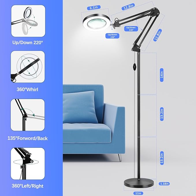 10X Floor Magnifying Glass with Light, Large 3-in-1 Adjustable Height Magnifying Floor Lamp, 72 LED Floor Lamp 2 Color Stepless Dimmable Arm Swing Desk Lamp for Reading, Close Work, Crafts