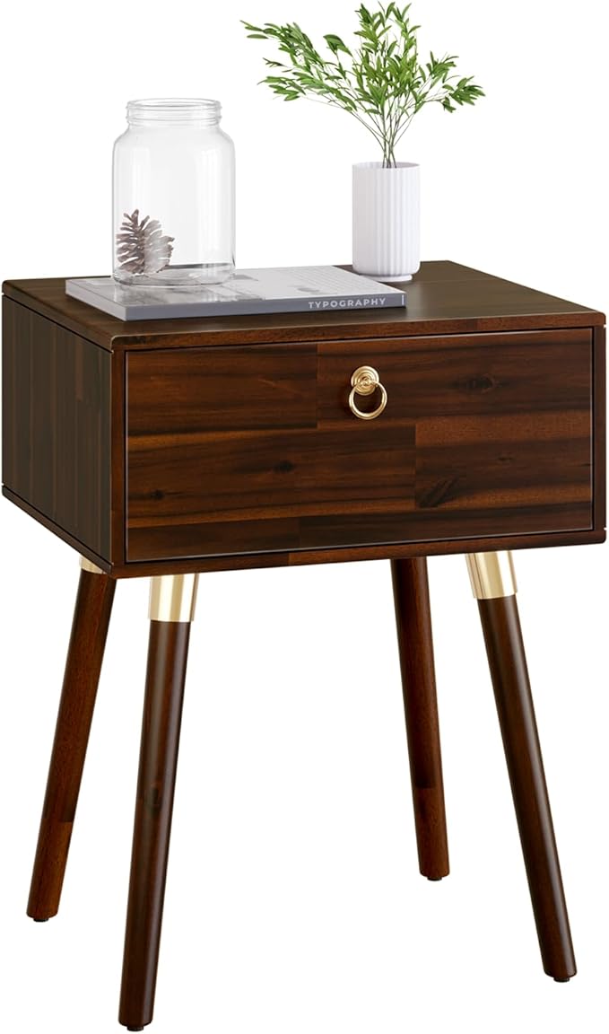 Bme Alden Wood Nightstand, Solid Wood End Table, Mid Century Modern Nightstand, Side Table with 1 Drawer, Compact for Bedroom, Living Room & Study Room, Easy Assembly, Walnut