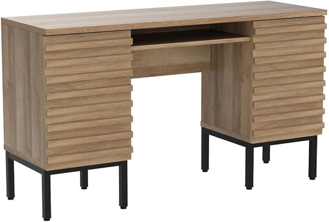 mopio Norwin Executive Desk, Modern Industrial Farmhouse Desks for Home Office, with Sturdy Metal Legs, Fluted Panel Dual Cabinet