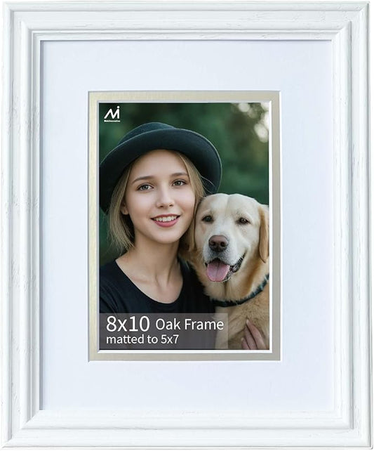8x10 Picture Frame for Wall or Tabletop Oak Wood, 5x7 Picture Frame with Mat,8 x 10 Premium Photo Frame with Real HD Tempered Glass,Ideal for Home Decor, Art Gallery,White, 1 Pack