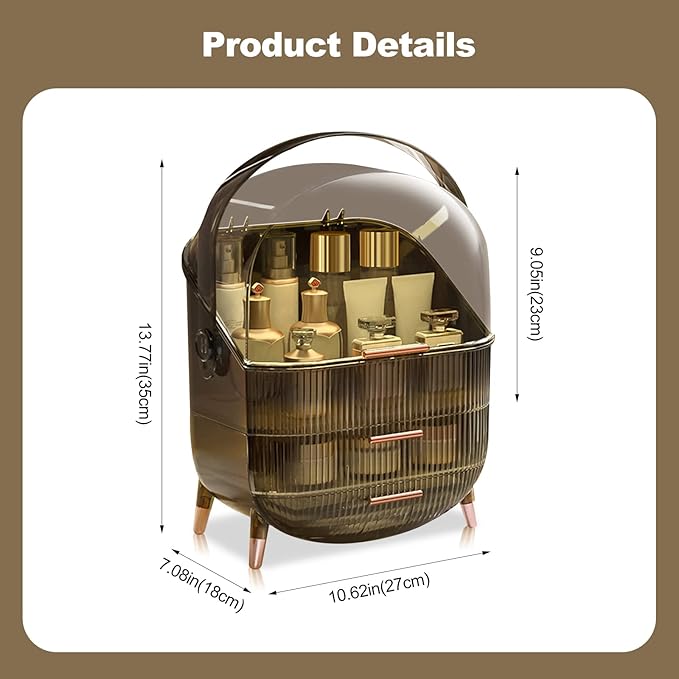 Ergocar Portable Retro Series Multi-Function Make Up Case Dustproof Cosmetic Storage Box,Cosmetics Skin Care Products Jewelry Organizer Case Finishing Box Bathroom Desktop - Retro Grey