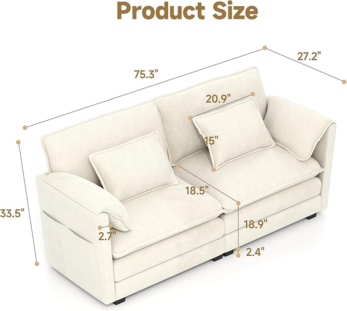 Real Relax 75.3'' Modular Sectional Sofa, Loveseat Chenille Convertible Couch with 4 Pillows and 2 Armrest Pillows for Living Room, Office and Leisure Places, Beige