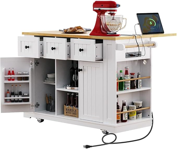 Rolling Kitchen Island with Storage, Kitchen Cart on Wheels with Drop Leaf, Mobile Kitchen Storage Cart with Power Outlet, Open Side Racks, 53 Inch Width, Three Drawers (White)
