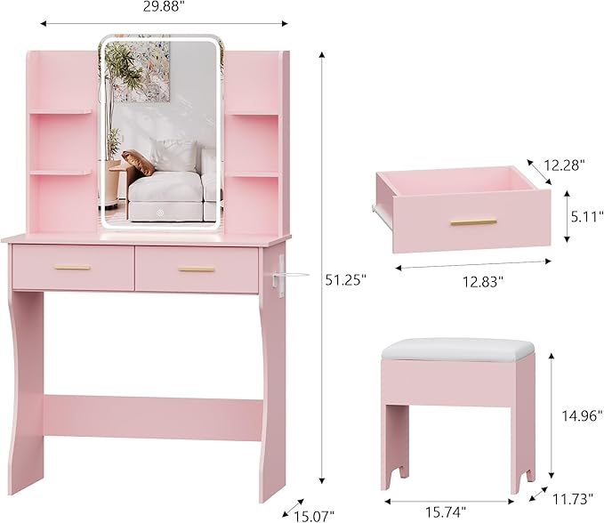 Small Vanity Desk with Mirror and Lights, Makeup Vanity with LED Lights, Pink Vanity Mirror with Lighted Desk and Chair, 3 Lighting Adjustable Compact Dressing Table with Mirror for Women, Girls
