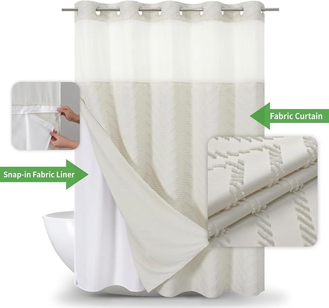 No Hook Tufted Chevron Striped Shower Curtain with Snap-in Fabric Liner set-71Wx74H(72H),Cream Hotel Grade Boho Style Shower Curtain with See Through Top Window,Water Repellent