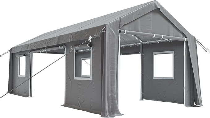 10x20ft Heavy Duty Carport Outdoor Canopy Portable Garage with 4 Doors & 4 Windows Waterproof UV Resistant Storage Shelter with Removable Sidewalls for Car Truck Boat, Gray