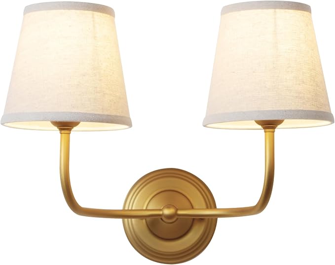 Vintage 2-Lights Fabric Wall Sconce with Linen Cloth Shade, Double Arm Wall Lamp Fixture for Bathroom Bedroom Living Room Hallway