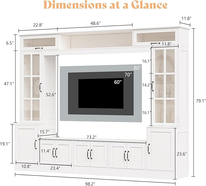AMERLIFE 98" W Wall Unit TV Stand with Storage for TVs up to 80", Modern TV Console with LED Lights, Entertainment Center with Bookshelves for Living Room, White