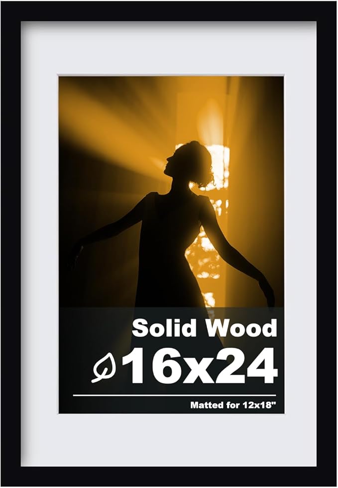 Egofine 16x24 Solid Wood Picture Frame, Made of Solid Wood Covered by Plexiglass 12x18 with Mat 16x24 without Mat, Poster Frame for Wall Mounting Hanging Photo Frame Vertically or Horizontally, Black