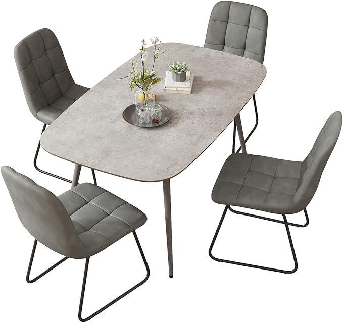 47''Dining Table Set for 4,Modern Wood Dining Table,Leather Dining Chairs 4,Table and Chairs Set of 4,Ideal for Kitchen Dining Room (Gray Table + 4 U-Shaped Gray Chairs, 47.2")