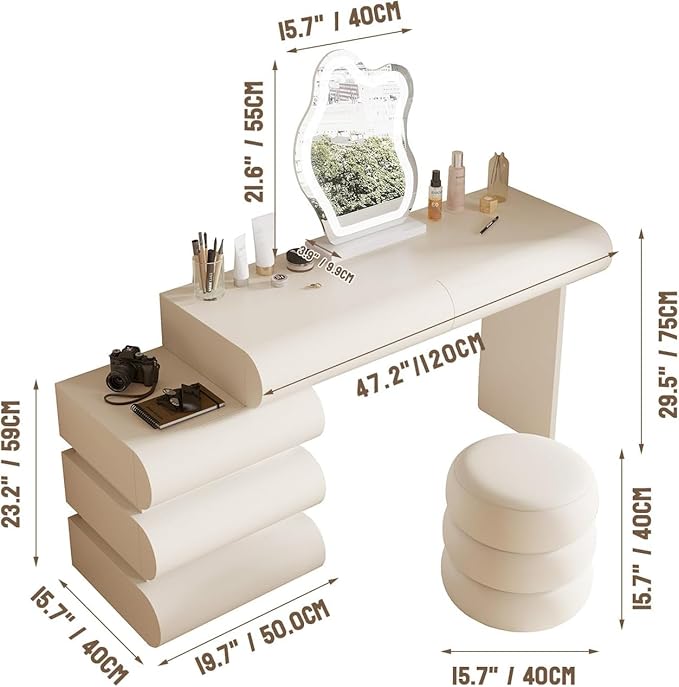 Makeup Vanity Desk with Mirror and Lights, Luxury Dressing Table with Free Retractable Side Cabinet, Microfibre Leather Wrapped Vanity Set with 5 Solid Wood Drawers, Stool-47.2in / White
