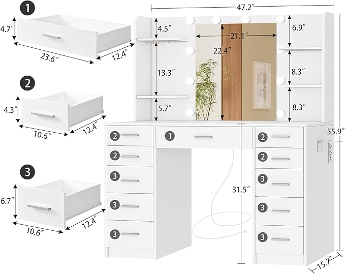 47.2" Large Vanity Desk with Mirror and Lights, Makeup Vanity with 11 Drawers & 6 Open Shelves, 3 Lighting Modes, Brightness Adjustable, White