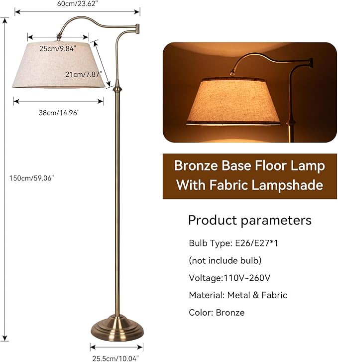 Swing Arm Floor Lamp, Brass Floor Lamps for Living Room with 180° Adjustable Cantilever, Beige Linen Lampshade, Mid Century Floor Lamp for Bedroom Office Home Nursery Study Room Hotel(Bronze)