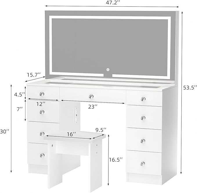 VOWNER Vanity with Lighted Mirror - 47" Glass Top Makeup Vanity Desk with 9 Drawers and Power Outlet, 3 Color Lighting Modes Adjustable Brightness, Makeup Desk with Cushioned Stool for Bedroom, White
