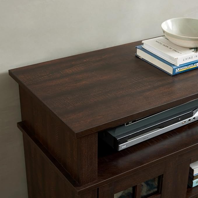 HMFULE 58" TV Stands for Living Room 55 60 65 inch Television, Entertainment Center 2 Glass Doors & Adjustable Shelves, Wood Modern Farmhouse Buffet Cabinet with Storage, Bedroom Furniture (Espresso)