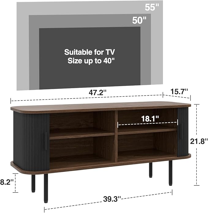 47" Modern Fluted TV Stand for TVs up to 60 Inch , Gaming Entertainment Center with Tambour Slatted Sliding Doors and Storage Cabinet, Media TV Consoles Table for Living Room, Office, Black