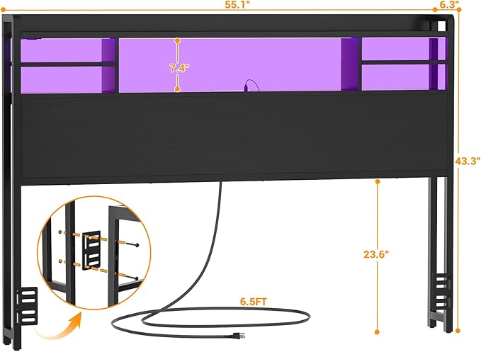 Aheaplus Headboard for Full Size Bed with Storage, Headboards with LED Light, Power Outlets, USB Ports Full Size Head Board, Wood headboard Only Sturdy and Stable Headboards, Modern, Black