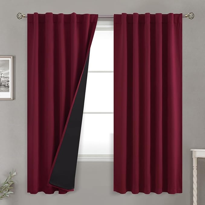 BGment Full Blackout Curtains with Insulated Lining Curtains 72 Inches Long，Rod Pocket and Back Tab Double Layer Room Darkening Window Curtain for Bedroom(42 x 72 Inch, 2 Panels, Burgundy Red)