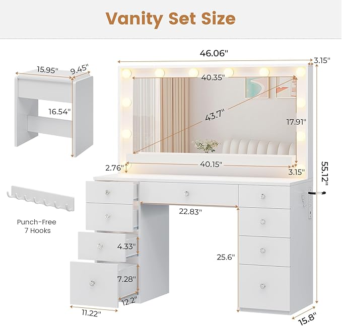 Hasuit Makeup Vanity Desk with Large Lighted Mirror and 9 Drawers, Large Vanity Desk with Storage Rack, Hook, Crystal Handle, White Bedroom Dressing Table Set with Charging Station, Lights Adjustable