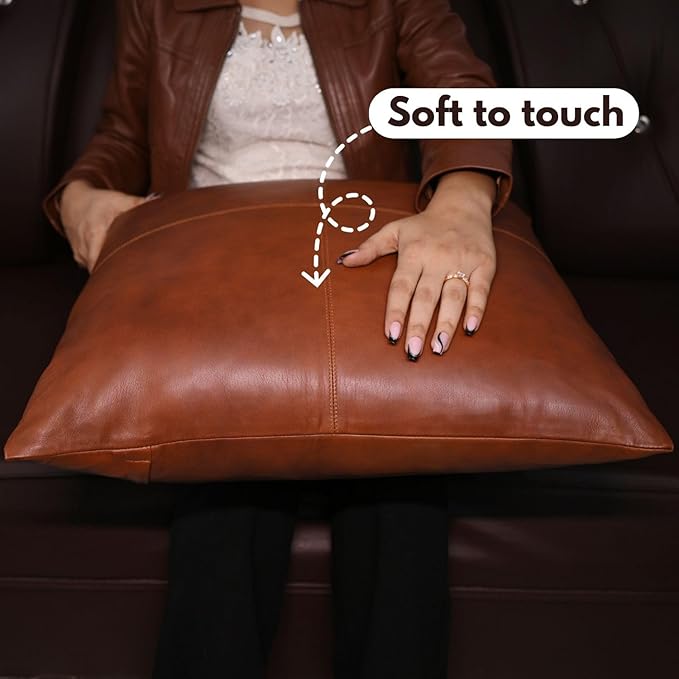 D DOLLY LAMB Lambskin Leather Pillow Cover - Sofa Cushion Case - Decorative Throw Covers for Living Room & Bedroom, 14x14 Inches - Mango Tan Antique Pack of 2