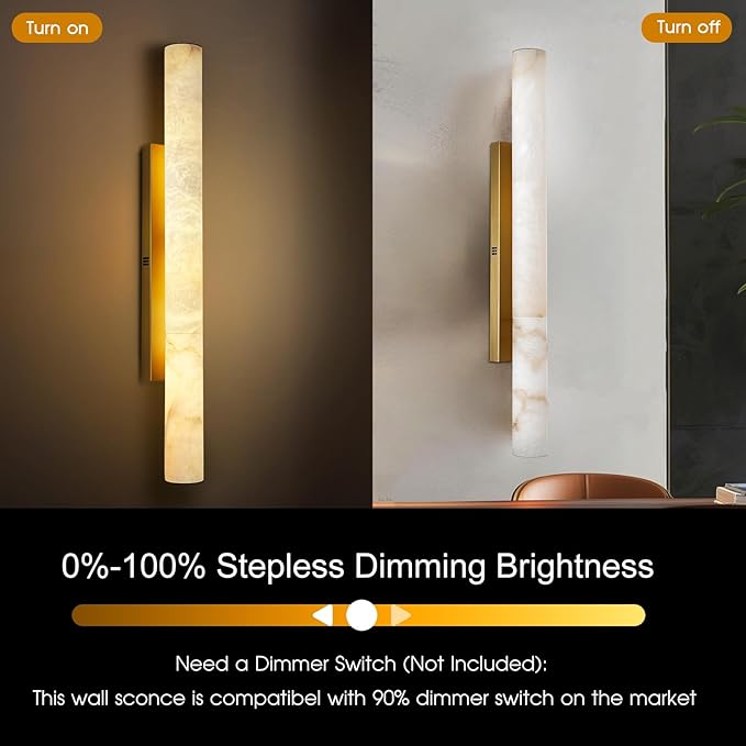 Brass Alabaster Wall Sconces, Spanish Natural Marble Wall Sconce, 36" Long Stone Wall Sconce Dimmable, Gold Alabaster Sconces Wall Lighting Indoor, Marble Wall Light for Bathroom, Living Room,Entryway