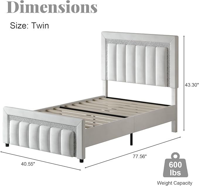 HOMBCK Twin Size Bed Frames with Headboard and Footboard, Upholstered Platform Bed with Diamond Design, Bed Frames Twin with Wooden Slats Support, No Box Spring Needed, Easy Assembly, White