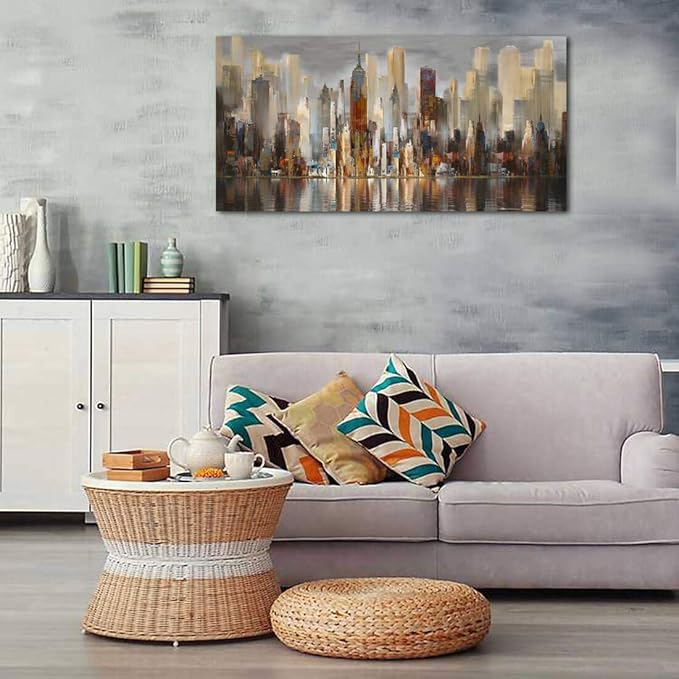 Framed Wall Art Large Cityscape New York Wall Decor Canvas Prints Abstract Brown City Theme Paintings Modern Canvas Wall Art for Living Room Bedroom Big Size 24x48 Framed
