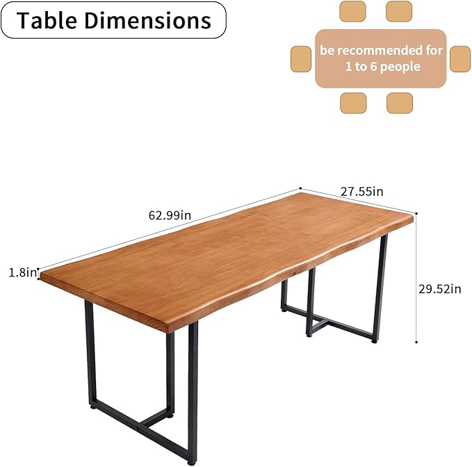 Solid Wood Administrative Desk, Dining Table with Durable Metal Legs, Uniquely Designed Leisure Table, Perfect for Restaurants and Home Offices, (Wood Brown, 62.99in)
