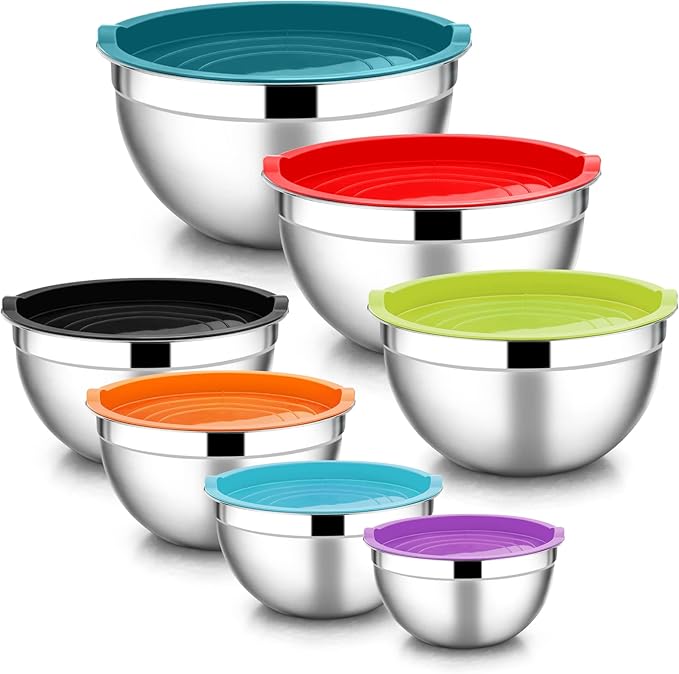 E-far Stainless Steel Mixing Bowls with Lids, 7-Piece Metal Nesting Bowls with Colorful Airtight Lids for Saving Storage Space, Size 7, 4.6, 3, 2, 1.5, 1, 0.7QT, Great for Baking/Cooking/Prepping