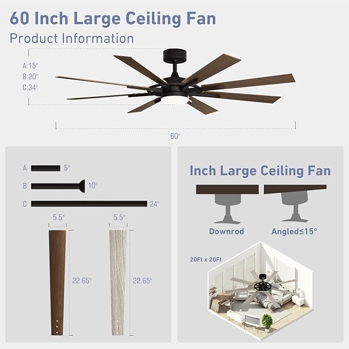 60 Inch Smart Ceiling Fan, Walnut Indoor/Outdoor Ceiling Fans with Lights and Remote, Compatible with Alexa/Google/App, 3CCT Dimmable 6 Speeds Timing for Living Room Bedroom Patio