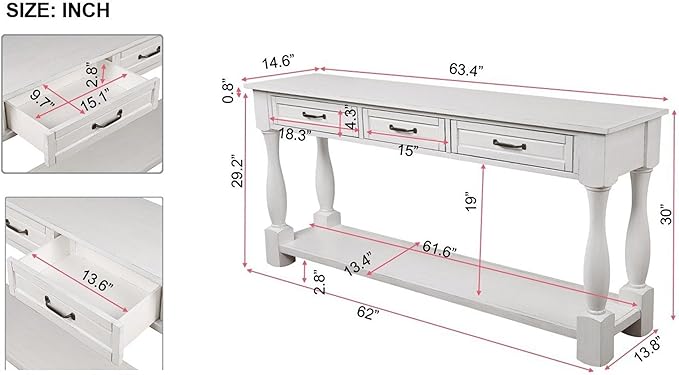 63inch Solid Wood Console Table with 3 Drawers and 1 Bottom Shelf Extra-Thick Sofa Table(Antique White)