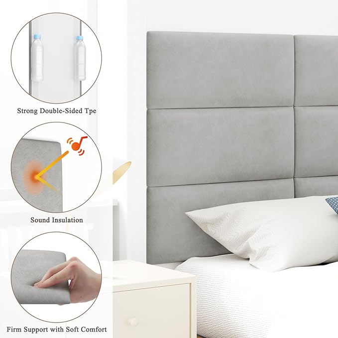 Upholstered Headboard for King Size Bed, Wall Mounted & Peel and Stick Headboard, Soundproof DIY Wall Panels, Leather Head Board in Modern Design for Bedroom (12 Panels, Each 23.62"x9.84"