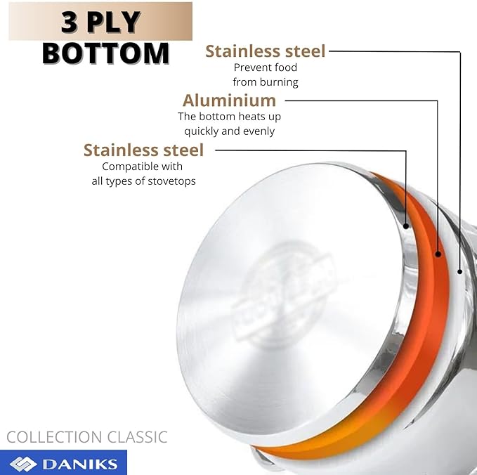 Daniks Classic Stainless Steel Stock Pot with Glass Lid – Induction 6 Quart, Dishwasher Safe, Measuring Scale, For Soup, Pasta, Stew, Silver