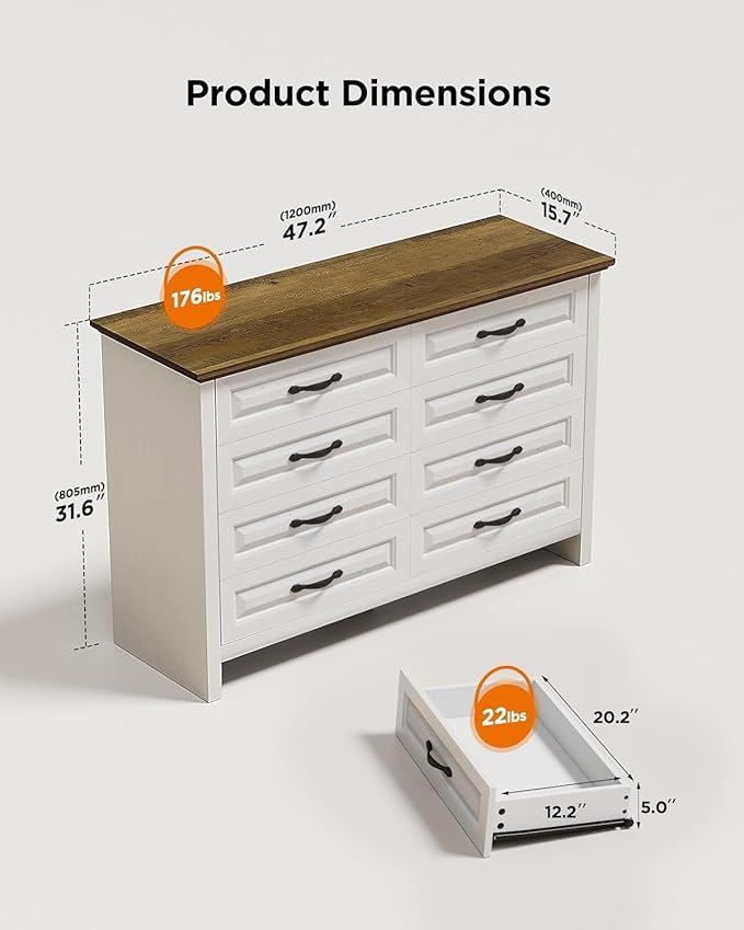 Pipishell White 8 Drawer Dresser for Bedroom, 47" Wide Wood Chest of Drawers with Bar Handles, Modern Storage Dresser Organizer for Bedroom, Living Room, Hallway, Brown & White