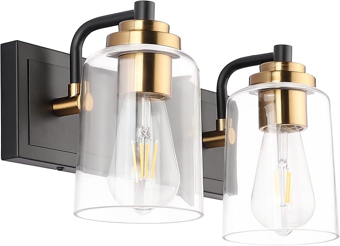 SOLFART 20.1 Inch Black Vintage Bathroom Vanity Light Fixtures Fixtures with Modern Glass Globe Shade Metal Brass Wall Lamp 2 Lights